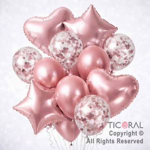 SET DE GLOBOS METALIZADOS ESTRELLA CORAZON CONFETI Y LATEX ROSA x 14 UNIDADES